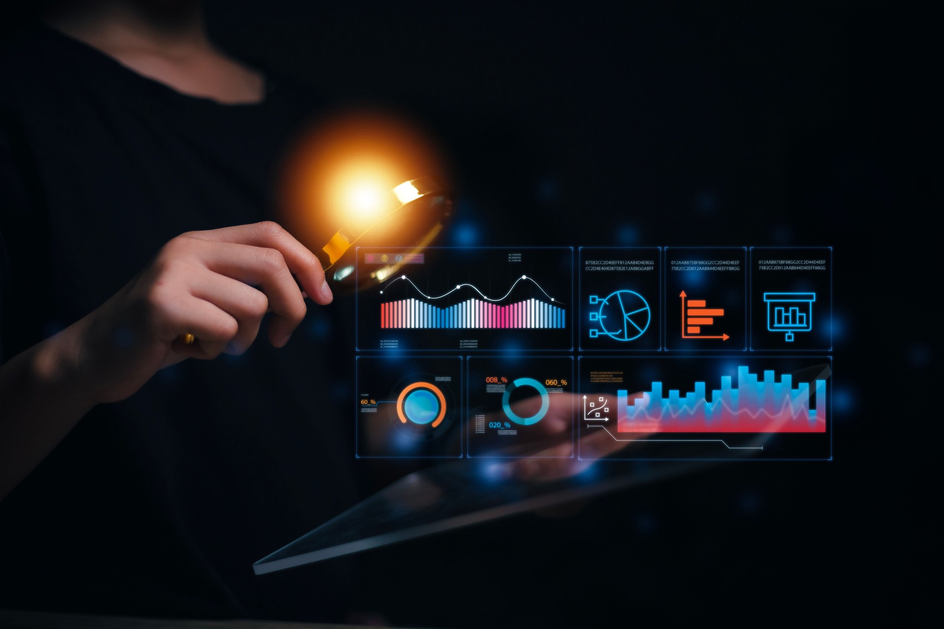 Data analyst working on business analytics dashboard with charts, metrics and KPI to analyze performance and create insight reports and strategic decisions for operations management on virtual screen.